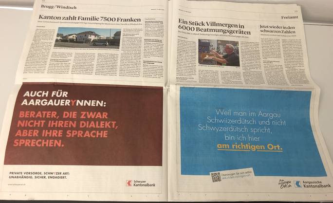 Advertising duel: Schwyzer on the left, Aargauische Kantonalbank on the right. (AZ 13.5.2020)