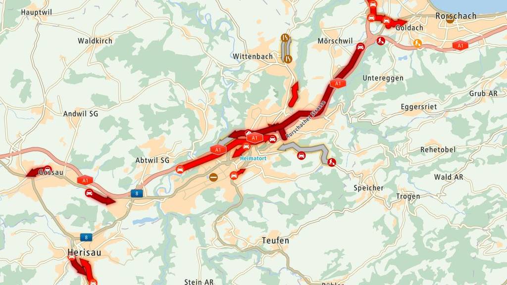 Auf der A1 St.Gallen in Richtung Zürich staut es.