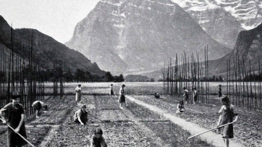 Zwangsplatzierte Kinder arbeiten 1930 in der Mädchenerziehungsanstalt Mollis GL für die Selbstversorgung des Heims. (Archivbild)