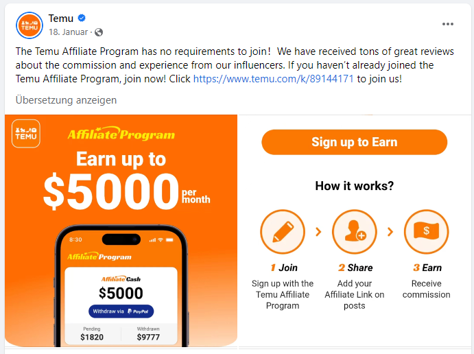 In den USA bietet Temu ein Affiliate-Programm an, mit dem User Geld verdienen können, wenn sie andere User anwerben.