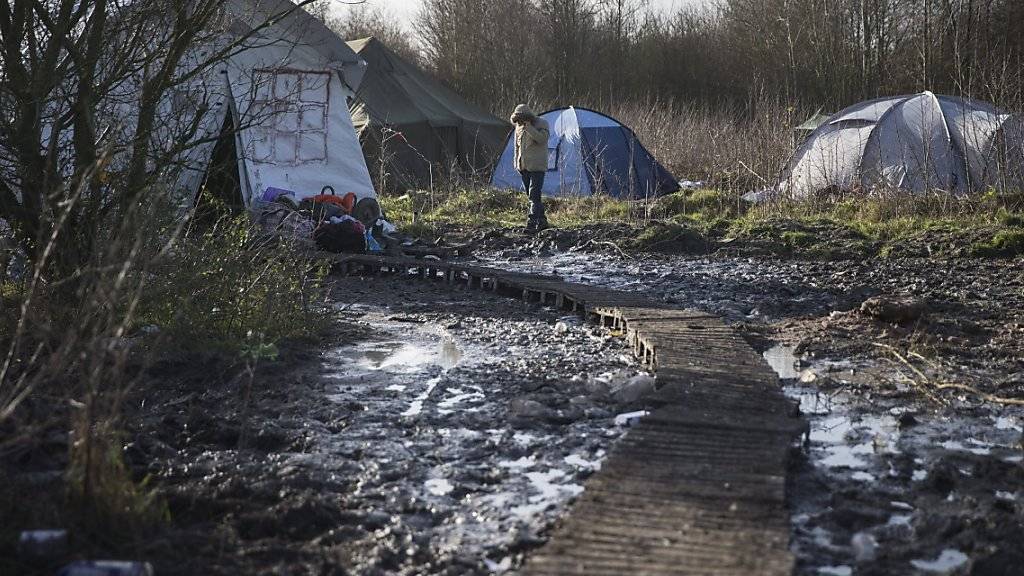 Im sogenannten «Dschungel» bei Calais leben mehrere tausend Menschen unter prekären Umständen. Am Rande einer Kundgebung sind am Samstag rund 50 Flüchtlinge auf eine Fähre vorgedrungen. Danach war der Hafenbetrieb kurzzeitig eingestellt. (Archivbild)