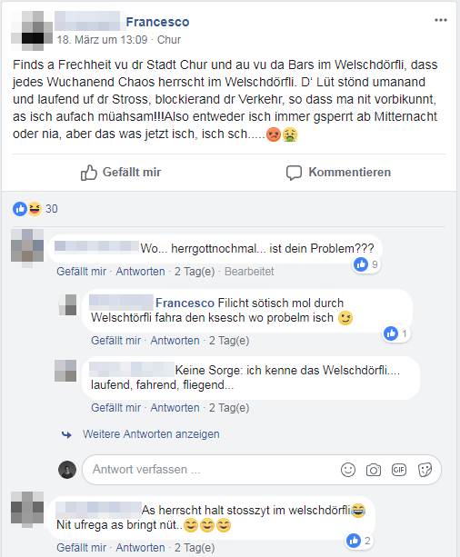 Dieser Facebook-Post heizte die Diskussion über das Welschdörfli an. (Quelle: Facebook/Du bisch vu Chur, wenn...)