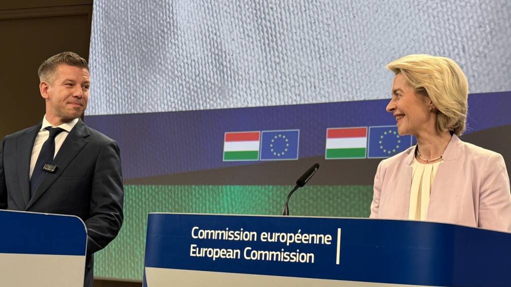 Ursula von der Leyen, EU-Kommissionspräsidentin, und Péter Magyar, Ministerpräsident von Ungarn, nehmen an einem Presse-Statement in Brüssel teil. Foto: Leonie Asendorpf/dpa