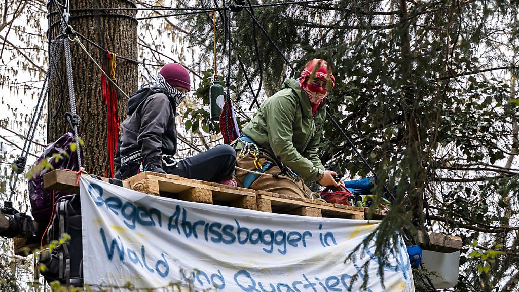 Aktivistinnen und Aktivisten besetzten 2023 ein Waldstück in Rümlang. Das Bezirksgericht Dielsdorf sprach nun neun Personen grösstenteils frei. (Archivbild))